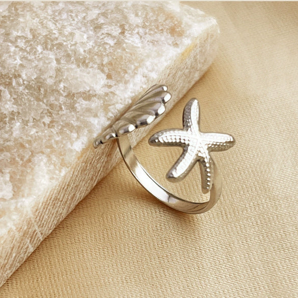Wholesale Marine Series Stainless Steel Starfish Ring With 18K Gold Plating And Heart Pattern