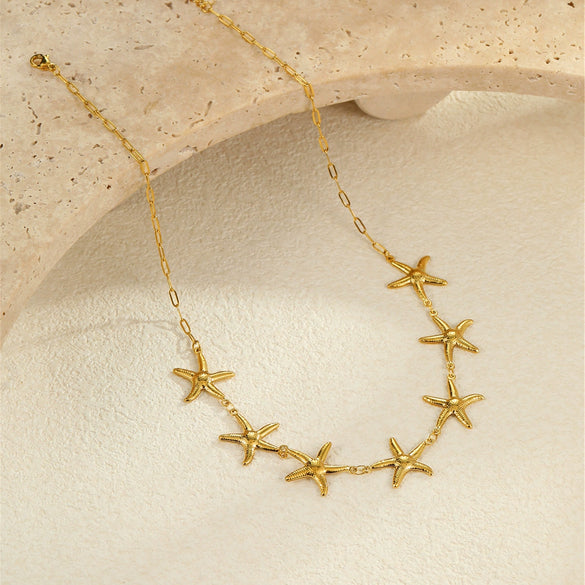 Wholesale Marine Style Stainless Steel Geometric Starfish Shell Clavicle Chain Necklace Jewelry Plated With 18K Gold