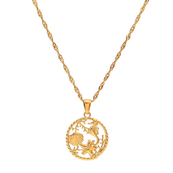 Wholesale Marine Style Stainless Steel Pendant Necklace With Starfish Seahorse Scallop Seaweed Electroplated
