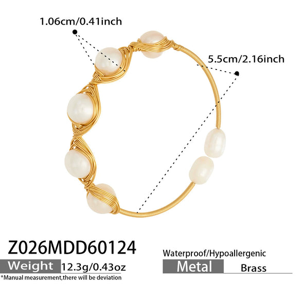 Wholesale Medieval Geometric Style 18K Gold Electroplated Natural Freshwater Pearl Open Bracelet Copper Jewelry Accessories