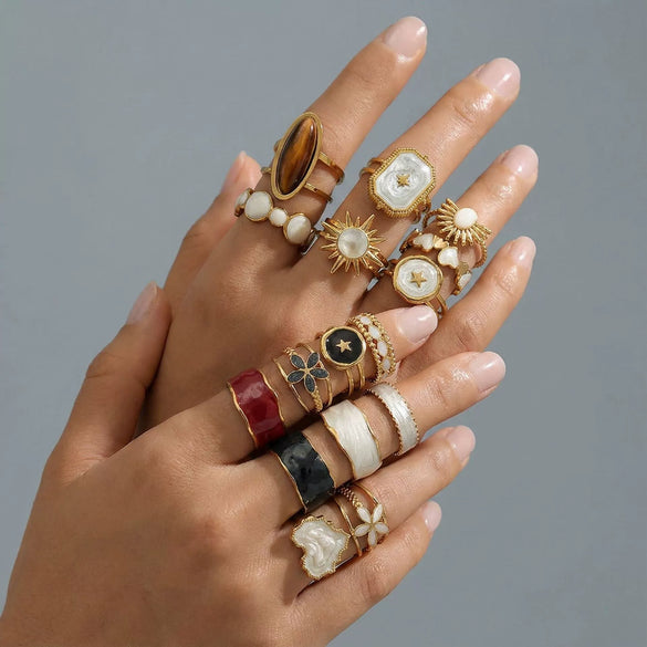 Wholesale Medieval Style Electroplated Stainless Steel Multi Color Geometric Adjustable Ring For Women With Heart Wave Rhombus U Shaped Patterns