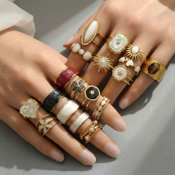 Wholesale Medieval Style Electroplated Stainless Steel Multi Color Geometric Adjustable Ring For Women With Heart Wave Rhombus U Shaped Patterns