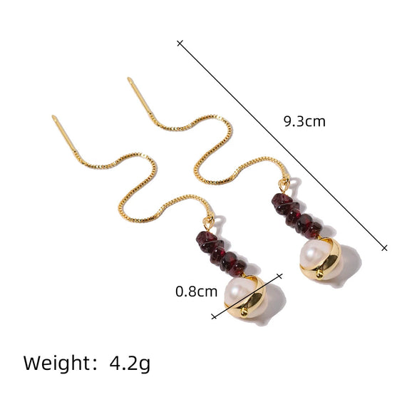 Wholesale Medieval Style Garnet Tassel And Natural Freshwater Pearl Long Earrings With Electroplating