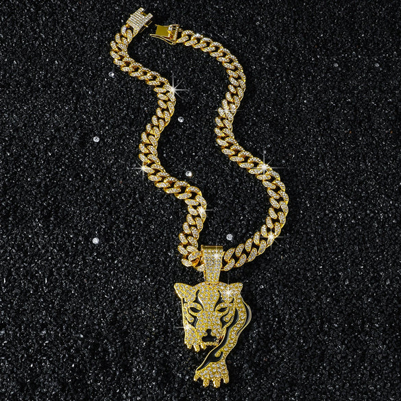 Wholesale Men's Alloy Animal Leopard Head Pendant Necklace With Cuban Chain And Electroplating Hiphop Style