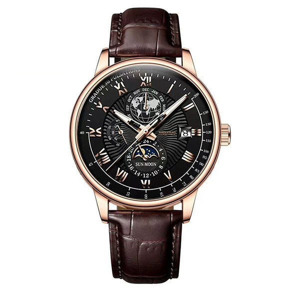 Wholesale Men's Alloy Imitation Leather Strap Business Style Round Dial Watch With Threeeye Calendar Starry Sky Moon Design