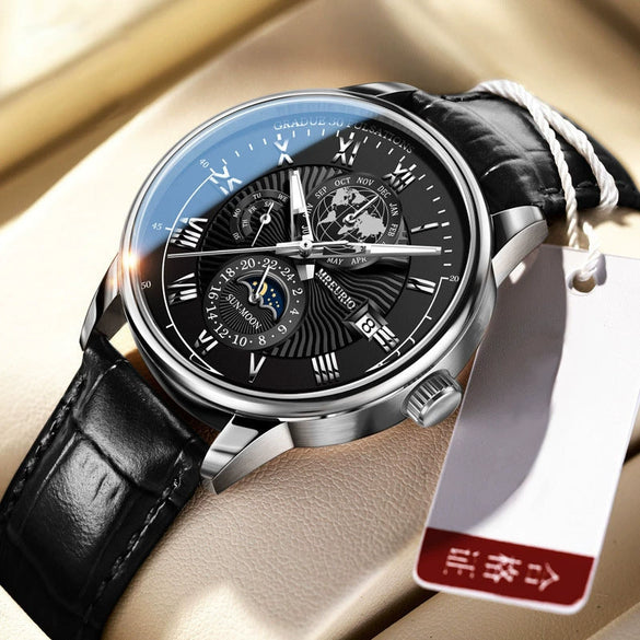 Wholesale Men's Alloy Imitation Leather Strap Business Style Round Dial Watch With Threeeye Calendar Starry Sky Moon Design