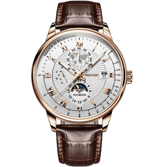 Wholesale Men's Alloy Imitation Leather Strap Business Style Round Dial Watch With Threeeye Calendar Starry Sky Moon Design