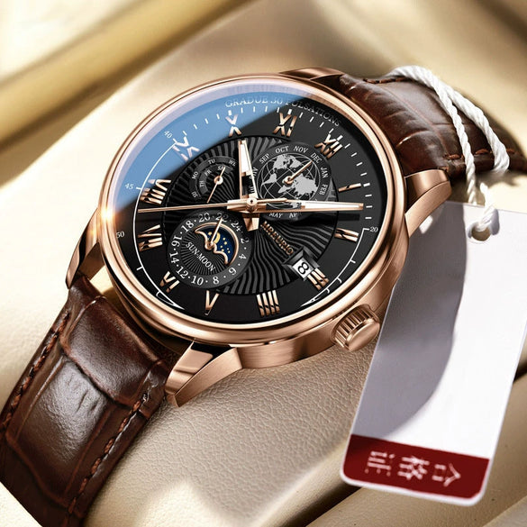 Wholesale Men's Alloy Imitation Leather Strap Business Style Round Dial Watch With Threeeye Calendar Starry Sky Moon Design