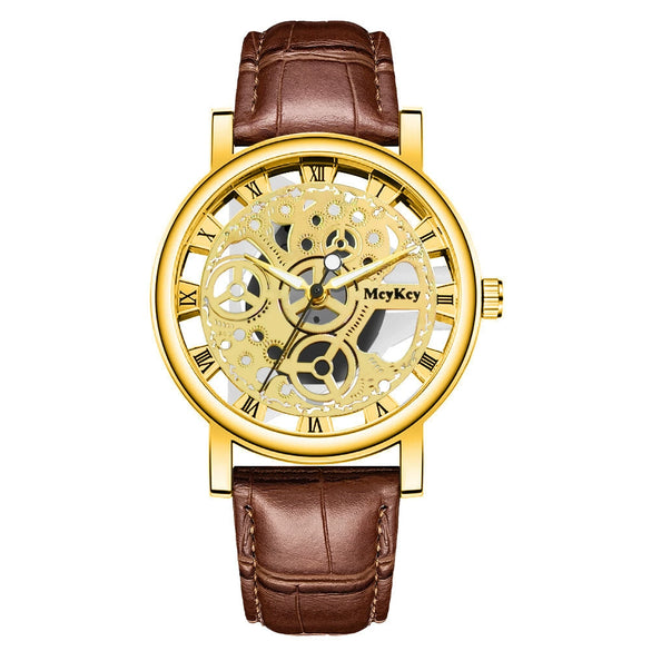 Wholesale Men's Alloy Leather Belt Quartz Wrist Watch With Transparent Bottom Hollow Design And Round Dial