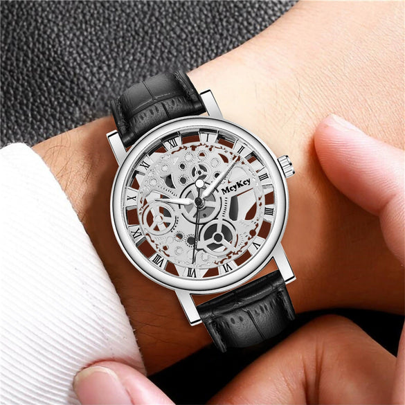 Wholesale Men's Alloy Leather Belt Quartz Wrist Watch With Transparent Bottom Hollow Design And Round Dial