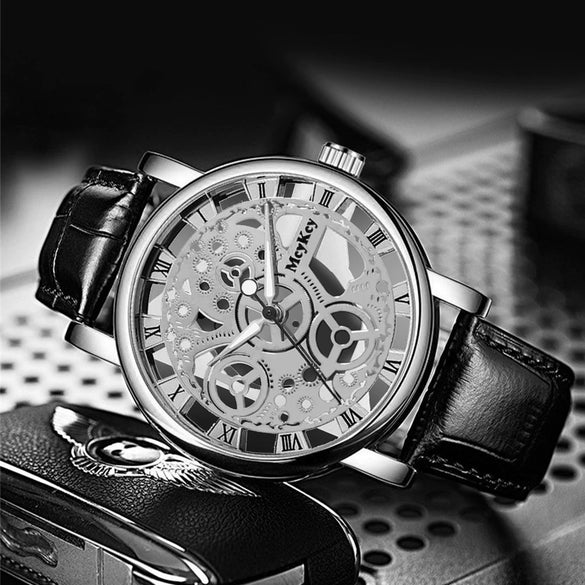 Wholesale Men's Alloy Leather Belt Quartz Wrist Watch With Transparent Bottom Hollow Design And Round Dial
