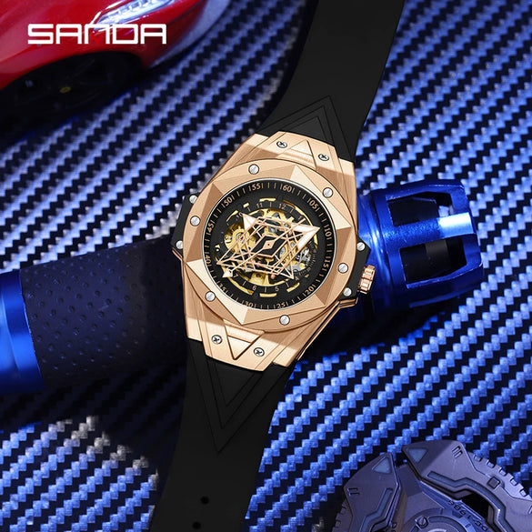 Wholesale Men's Automatic Mechanical Quartz Geometric Cut Out Watch Zinc Alloy Case Silicone Strap High Hardness Mineral Tempered Glass Mirror