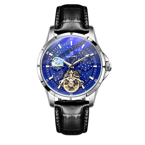 Wholesale Men's Casual Automatic Pure Mechanical Watch With Large Flywheel Skeleton Design Alloy Case Genuine Leather Strap Sapphire Crystal Glass Mirror Round Dial Waterproof