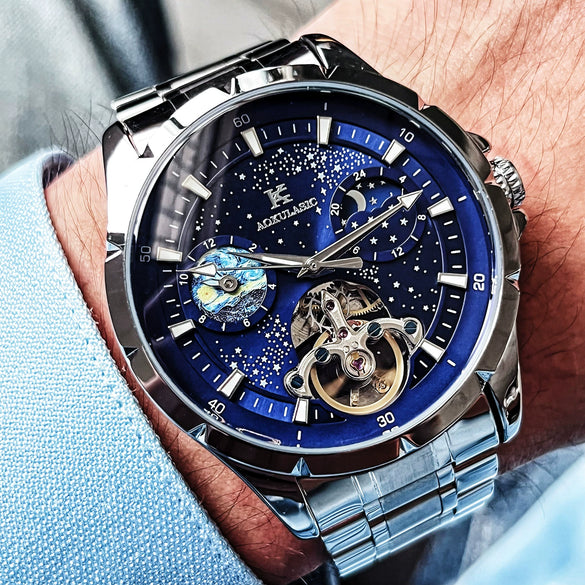 Wholesale Men's Casual Automatic Pure Mechanical Watch With Large Flywheel Skeleton Design Alloy Case Genuine Leather Strap Sapphire Crystal Glass Mirror Round Dial Waterproof