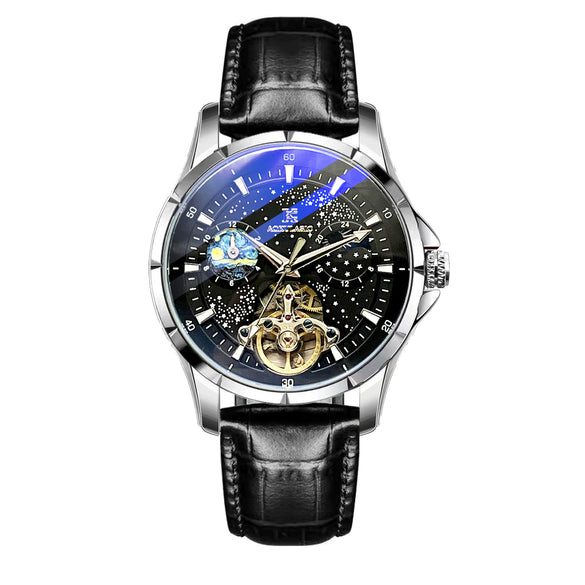 Wholesale Men's Casual Automatic Pure Mechanical Watch With Large Flywheel Skeleton Design Alloy Case Genuine Leather Strap Sapphire Crystal Glass Mirror Round Dial Waterproof