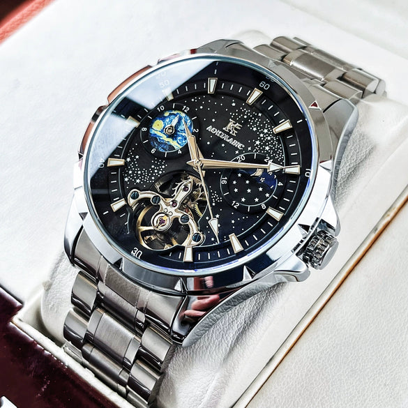 Wholesale Men's Casual Automatic Pure Mechanical Watch With Large Flywheel Skeleton Design Alloy Case Genuine Leather Strap Sapphire Crystal Glass Mirror Round Dial Waterproof