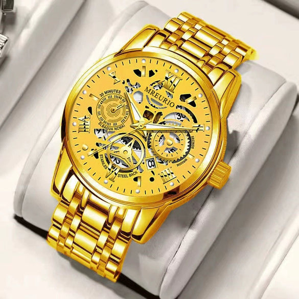 Wholesale Men's Casual Hollow Fashion Calendar Quartz Watch With Alloy Case And Stainless Steel Band