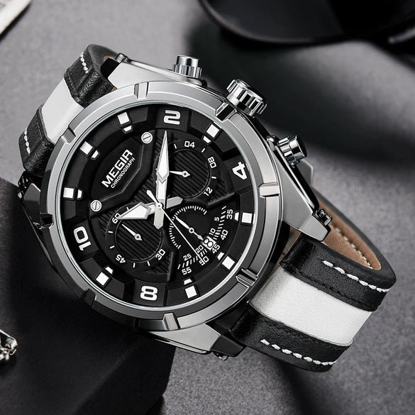 Wholesale Men's Casual Sports Multifunction Chronograph Waterproof Quartz Watch Alloy Case Genuine Leather Strap Round Dial Stainless Steel Clasp