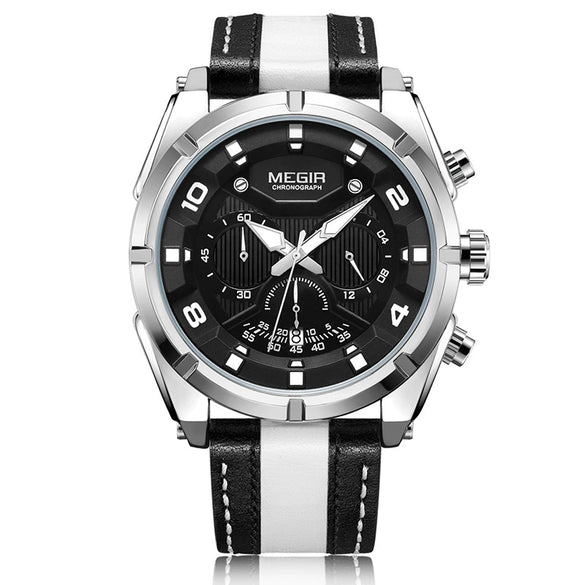 Wholesale Men's Casual Sports Multifunction Chronograph Waterproof Quartz Watch Alloy Case Genuine Leather Strap Round Dial Stainless Steel Clasp