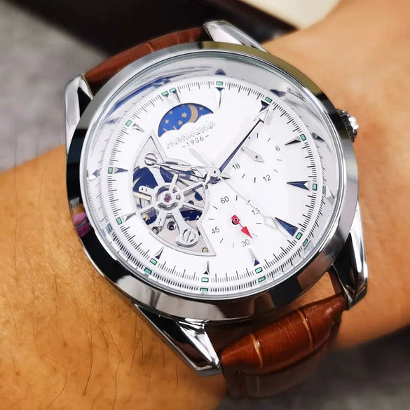 Wholesale Men's Fully Automatic Mechanical Watch With Round Dial Alloy Case Genuine Leather Strap Stainless Steel Buckle Mineral Reinforced Glass Mirror