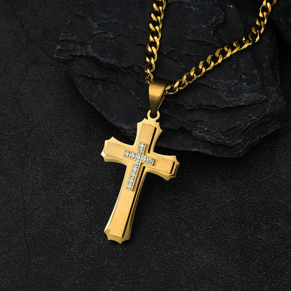 Wholesale Men's Geometric Cross Titanium Steel Electroplated Pearl Chain Necklace