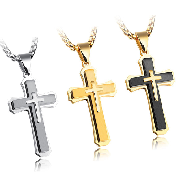 Wholesale Men's Geometric Cross Titanium Steel Electroplated Pearl Chain Necklace