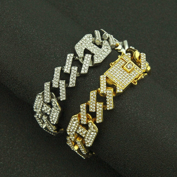 Wholesale Men's Hiphop Alloy Geometric Diamondinlaid Cuban Bracelet With Japanese Buckle