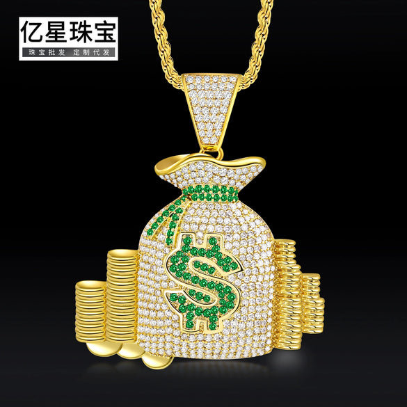 Wholesale Men's Hiphop Copper Dollar Bill Design Zirconia Inlay Stackable Coin Pendant Necklace