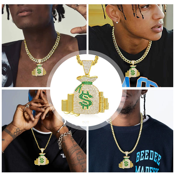 Wholesale Men's Hiphop Copper Dollar Bill Design Zirconia Inlay Stackable Coin Pendant Necklace
