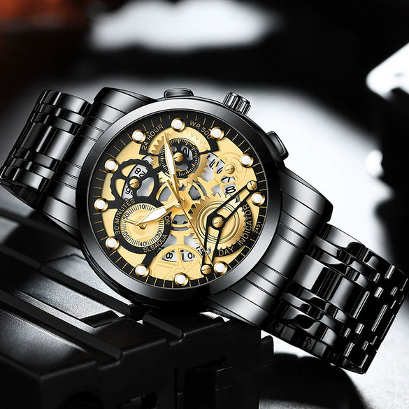 Wholesale Men's Hollow Waterproof Luminous Wrist Watch Metal Case Stainless Steel Strap Round Dial