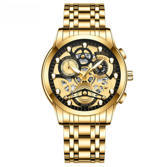 Wholesale Men's Hollow Waterproof Luminous Wrist Watch Metal Case Stainless Steel Strap Round Dial