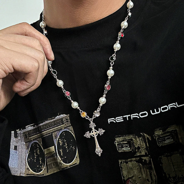 Wholesale Men's Jewelry Hiphop Style Cross Necklace With Imitation Pearl And Crystal Made Of Zinc Alloy Geometric Pattern Handmade