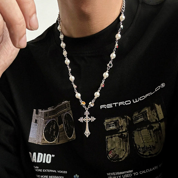 Wholesale Men's Jewelry Hiphop Style Cross Necklace With Imitation Pearl And Crystal Made Of Zinc Alloy Geometric Pattern Handmade