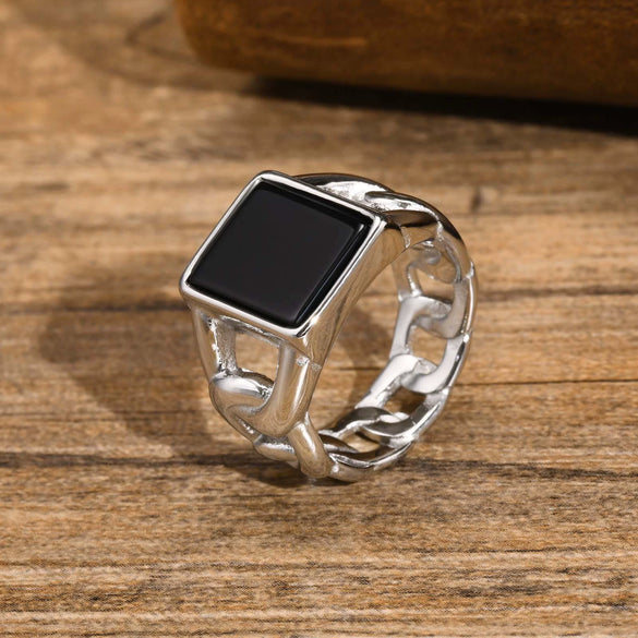 Wholesale Men's Jewelry Stainless Steel Punk Square Geometric Glass Stone Chain Ring Polished