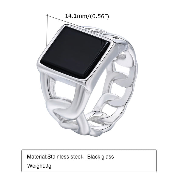 Wholesale Men's Jewelry Stainless Steel Punk Square Geometric Glass Stone Chain Ring Polished