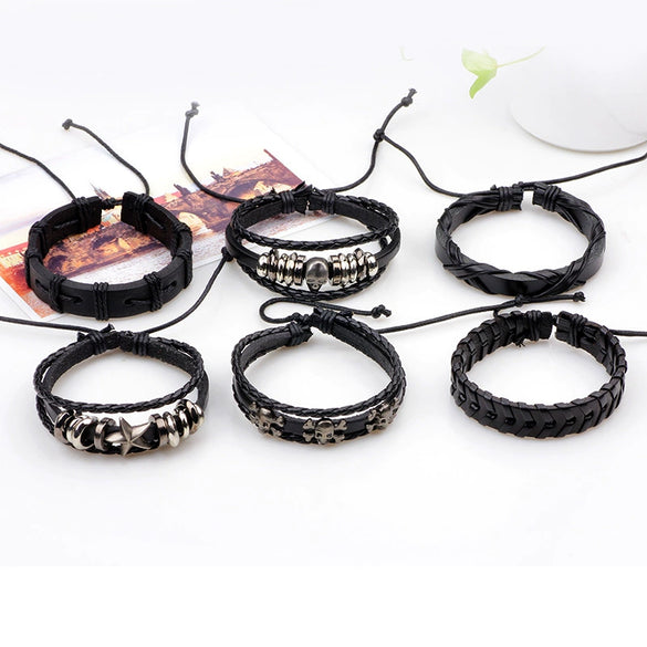 Wholesale Men's Leather Bracelet Sixpiece Set Real Cowhide Metal Skull Geometric Weaving Style