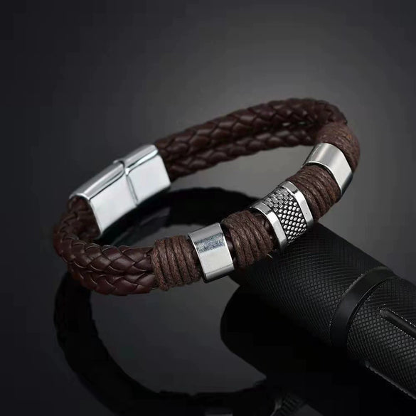 Wholesale Men's Leather Magnet Buckle Woven Bracelet Handmade Bohemian Geometric Style