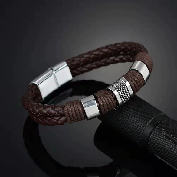 Wholesale Men's Leather Magnet Buckle Woven Bracelet Handmade Bohemian Geometric Style
