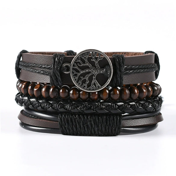 Wholesale Men's Leather Woven Geometric Retro Inlaid Alloy Bracelet