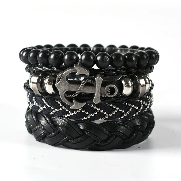 Wholesale Men's Leather Woven Geometric Retro Inlaid Alloy Bracelet