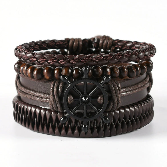 Wholesale Men's Leather Woven Geometric Retro Inlaid Alloy Bracelet