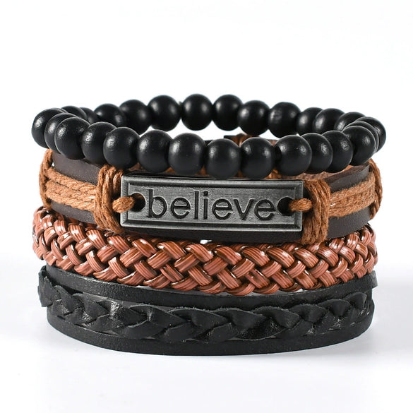Wholesale Men's Leather Woven Geometric Retro Inlaid Alloy Bracelet