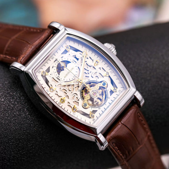 Wholesale Men's Leisure Fully Automatic Mechanical Barrel Shaped Watch With Round Dial Alloy Case Genuine Leather Strap And Stainless Steel Pin Buckle