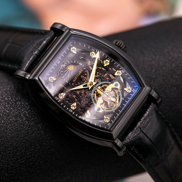 Wholesale Men's Leisure Fully Automatic Mechanical Barrel Shaped Watch With Round Dial Alloy Case Genuine Leather Strap And Stainless Steel Pin Buckle