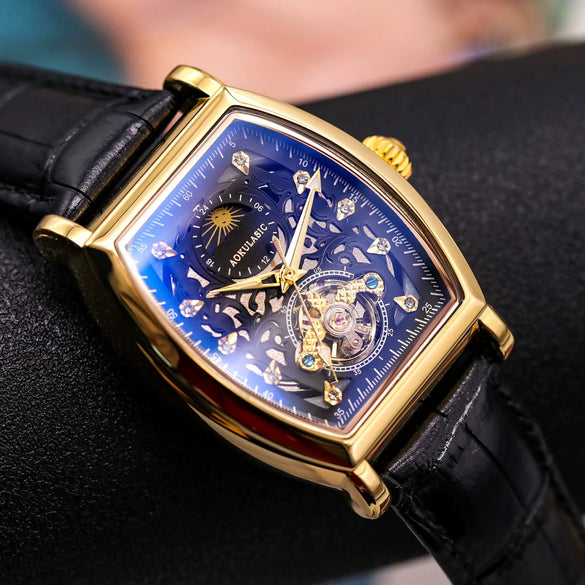 Wholesale Men's Leisure Fully Automatic Mechanical Barrel Shaped Watch With Round Dial Alloy Case Genuine Leather Strap And Stainless Steel Pin Buckle