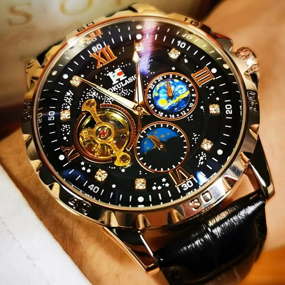 Wholesale Men's Leisure Fully Automatic Mechanical Watch With Round Dial Alloy Case Genuine Leather Strap Stainless Steel Pin Buckle And Mineral Reinforced Glass Mirror
