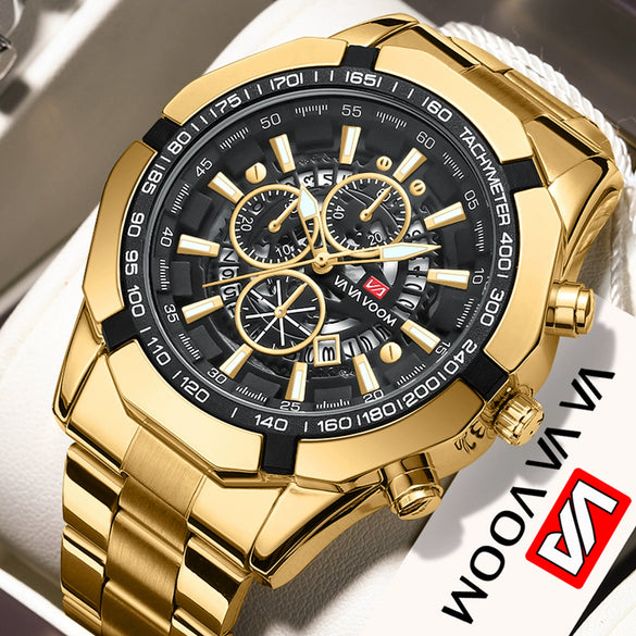 Wholesale Men's Metal Case Stainless Steel Band Round Dial Fashion Sports Waterproof Quartz Watch With Three Eyes Six Needle Luminous Calendar