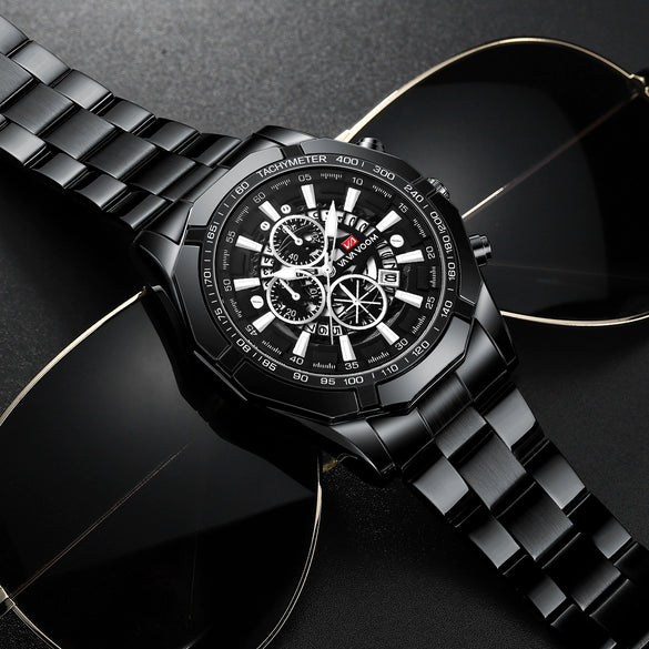 Wholesale Men's Metal Case Stainless Steel Band Round Dial Fashion Sports Waterproof Quartz Watch With Three Eyes Six Needle Luminous Calendar
