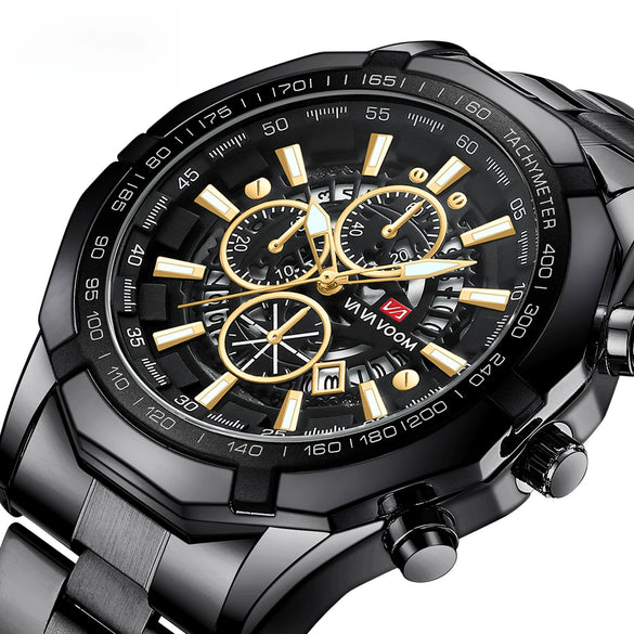 Wholesale Men's Metal Case Stainless Steel Band Round Dial Fashion Sports Waterproof Quartz Watch With Three Eyes Six Needle Luminous Calendar
