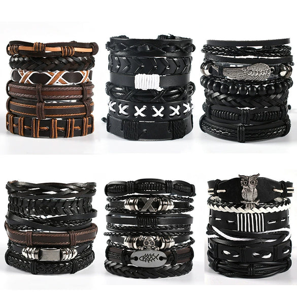 Wholesale Men's Punk Style Handwoven Leather Bracelet With Owl Wings Pattern